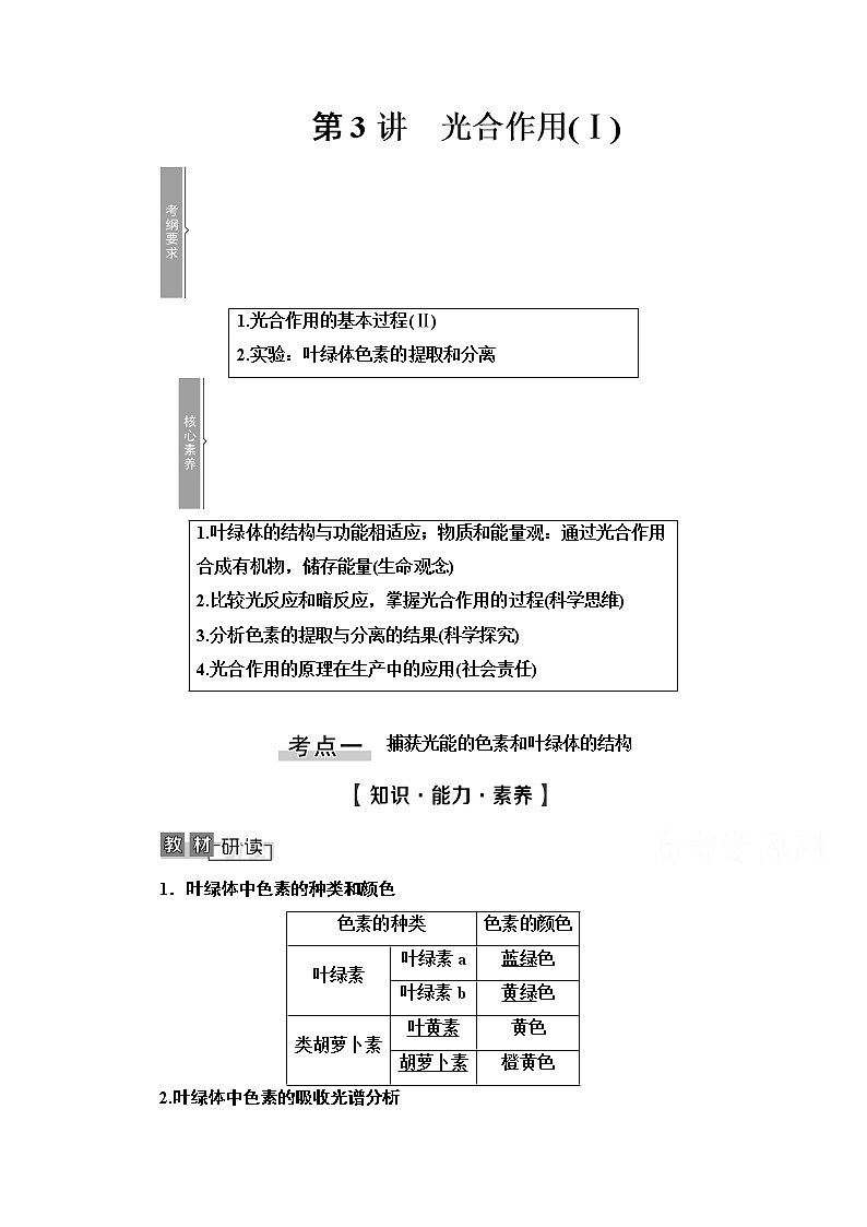 2021高三生物人教版一轮教师用书：必修1第3单元第3讲　光合作用（Ⅰ）第1页