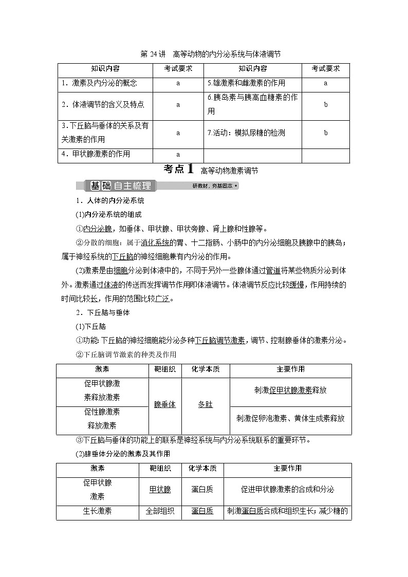 2021版浙江新高考选考生物一轮复习教师用书：第24讲　高等动物的内分泌系统与体液调节01