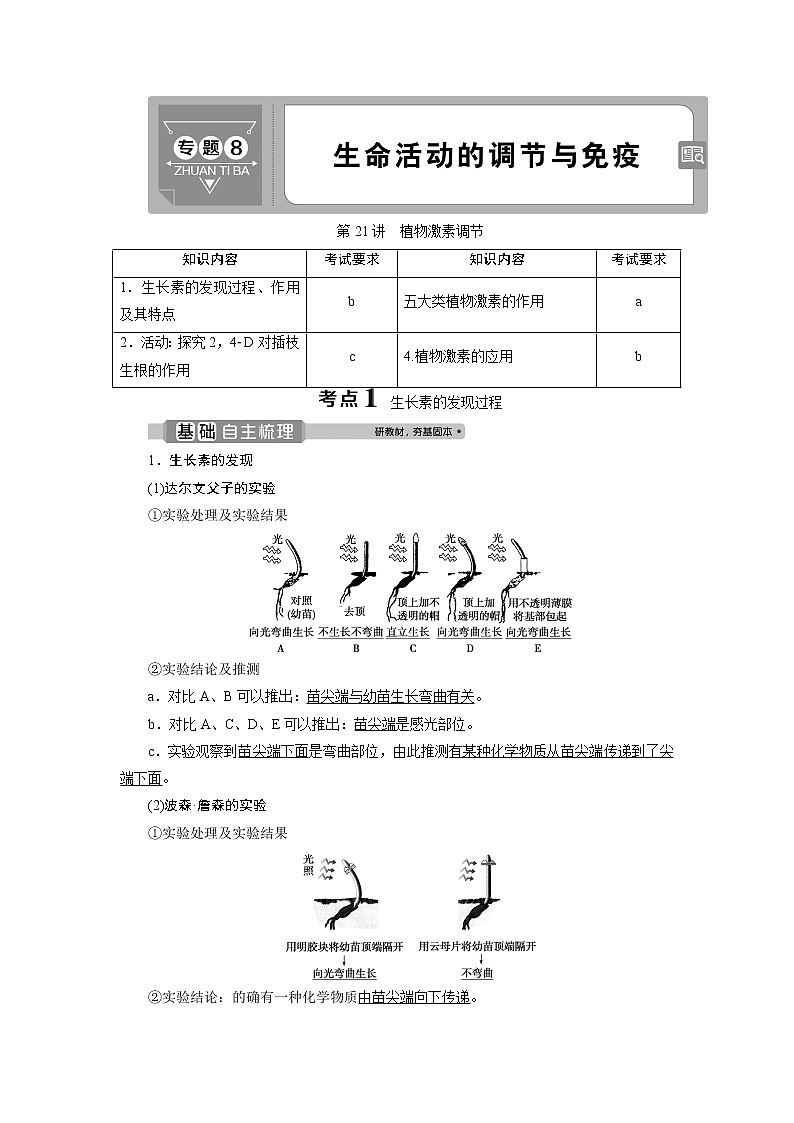 2021版浙江新高考选考生物一轮复习教师用书：第21讲　植物激素调节01