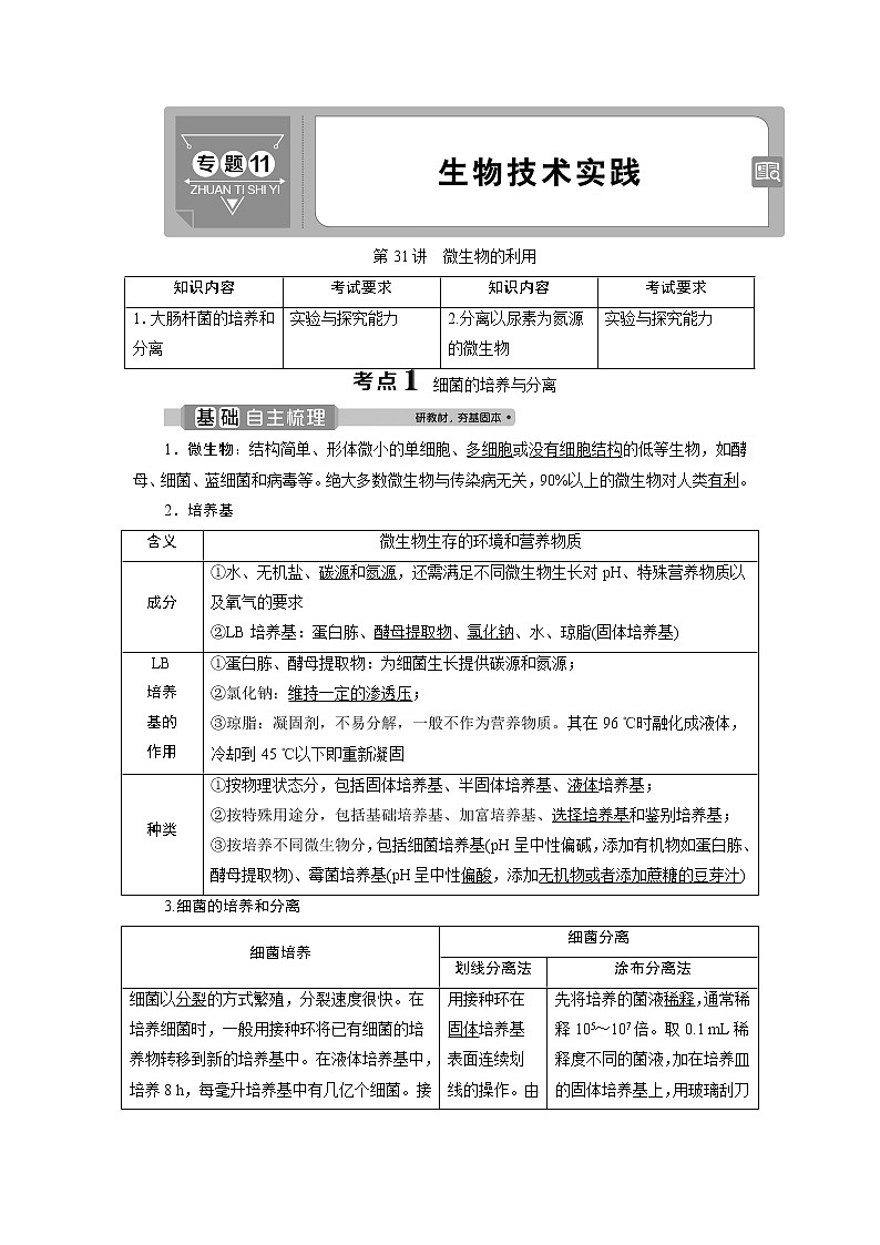 2021版浙江新高考选考生物一轮复习教师用书：第31讲　微生物的利用01