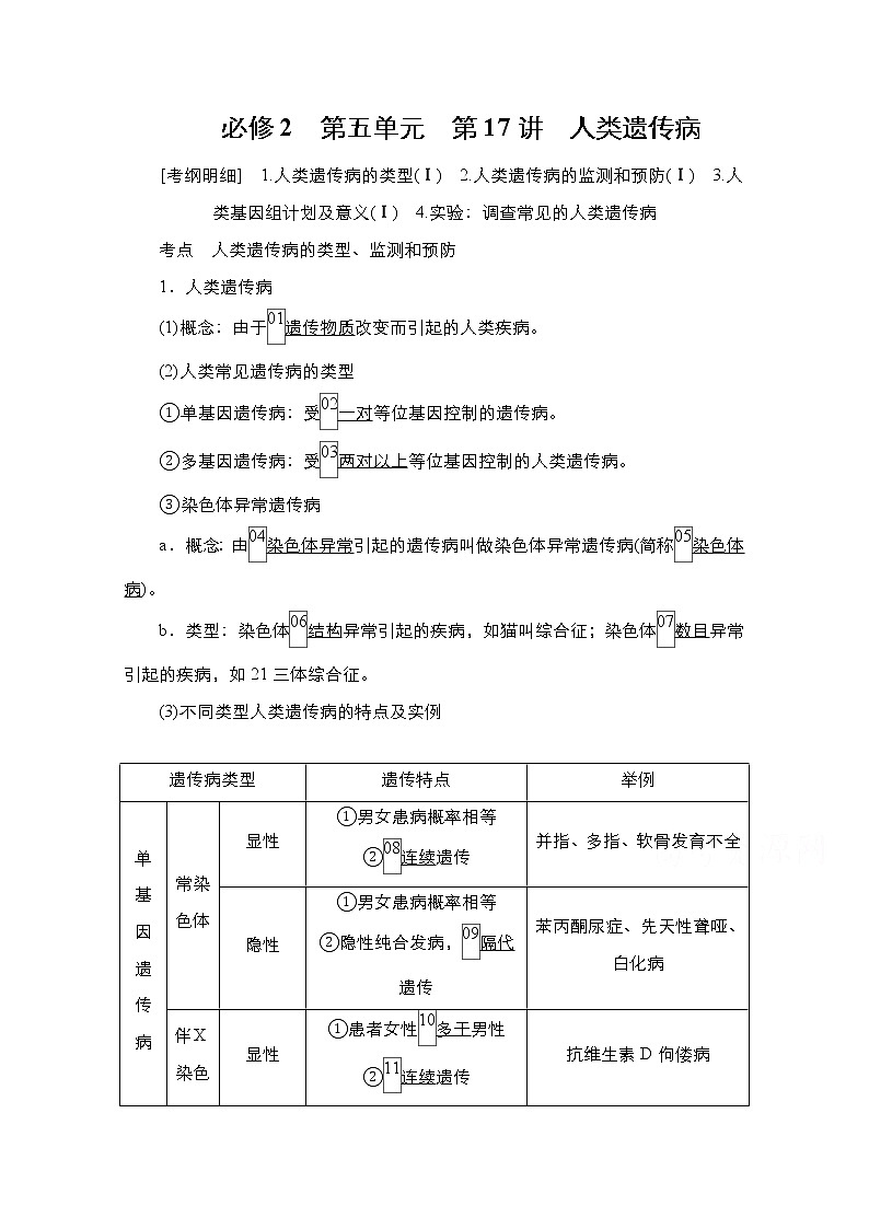2021届高考生物人教版一轮创新教学案：第5单元第17讲人类遗传病第1页