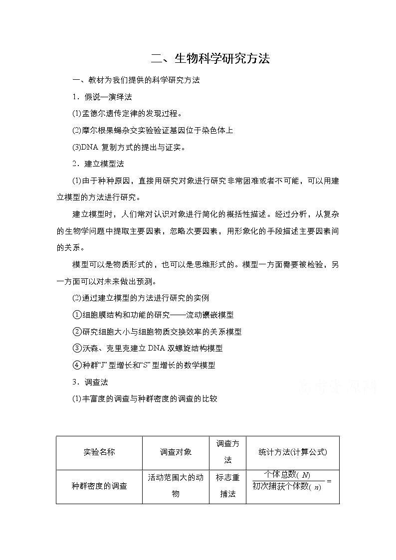2021届高考生物人教版一轮创新教学案：二、生物科学研究方法01