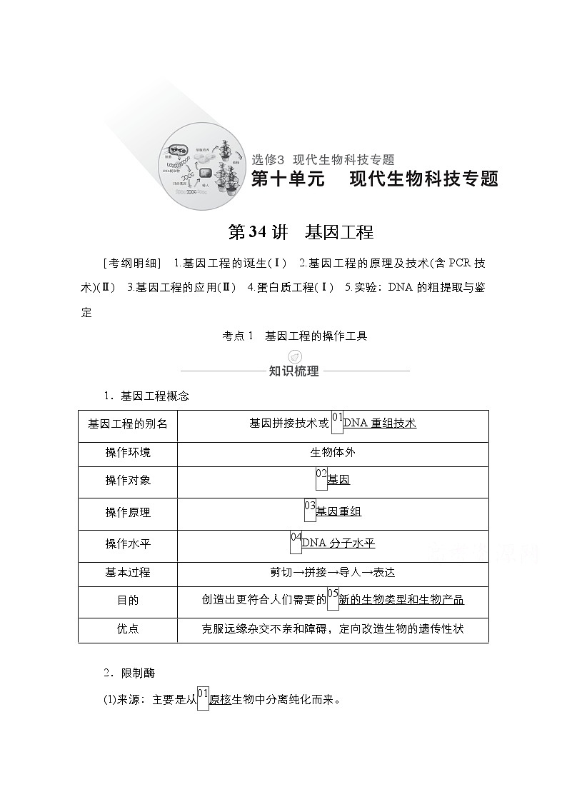 2021届高考生物人教版一轮创新教学案：第10单元第34讲　基因工程第1页