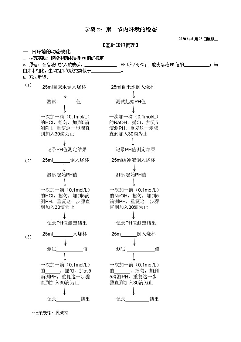 1.2 内环境的稳态 学案 【新教材】人教版（2019）高中生物选择性必修101