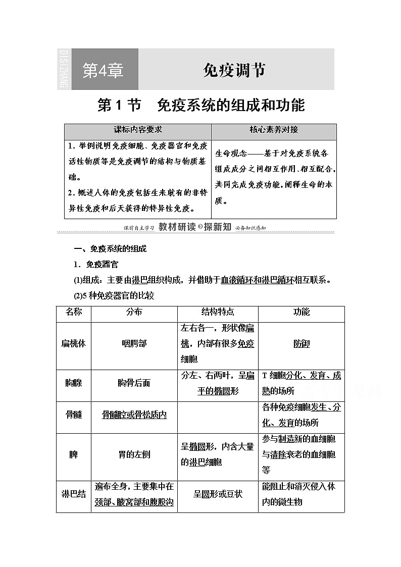 （新）人教版选择性必修1学案：第4章 第1节　免疫系统的组成和功能（含解析）01