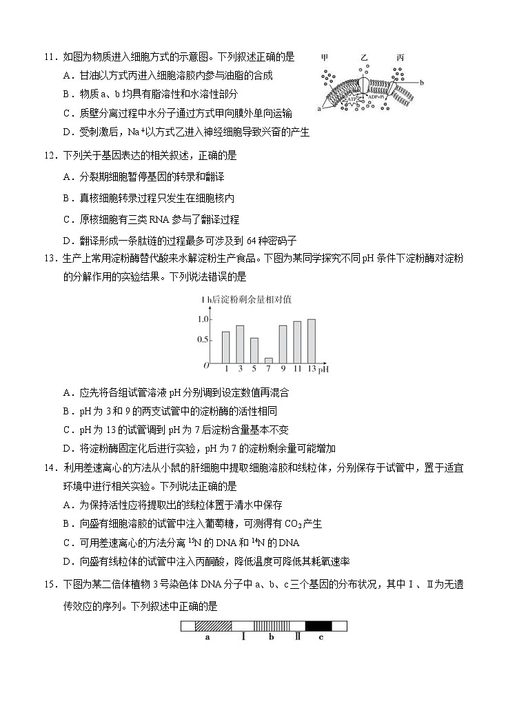 浙江省2021届高三上学期9月百校联考 生物（含答案） 试卷03