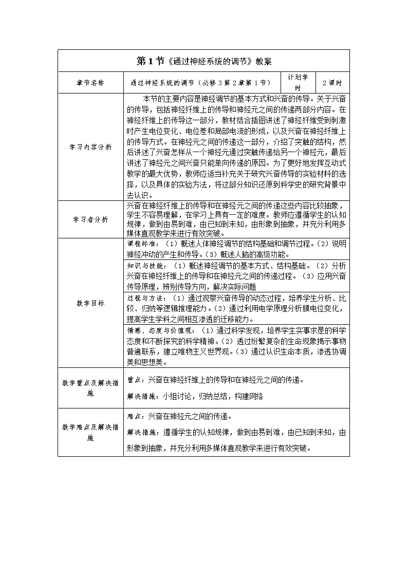 人教高中生物必修3教案：第2章第1节 通过神经系统的调节201
