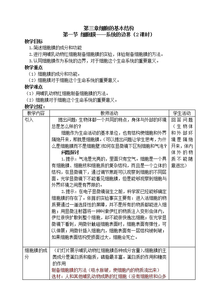 人教高中生物必修1教案： 3.1 细胞膜——系统的边界 201