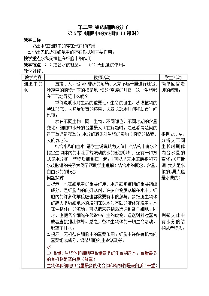 人教高中生物必修1教案： 2.5 细胞中的无机物 201