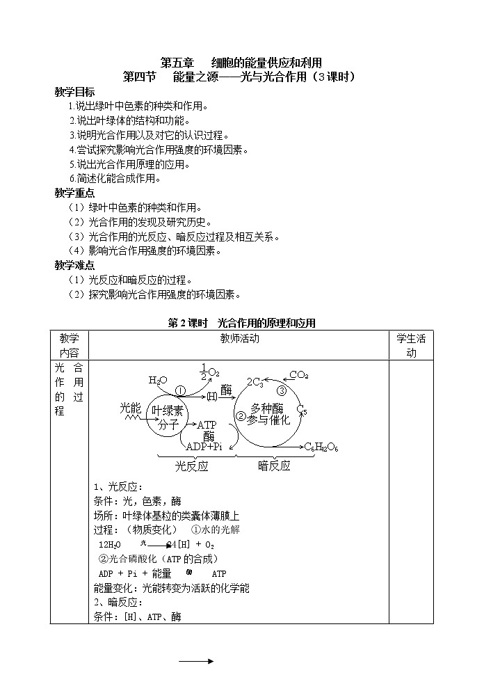 人教高中生物必修1教案：5.4 能量之源—光与光合作用 2课时101
