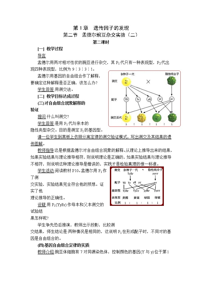 人教高中生物必修2教案：第1章　第二节 孟德尔豌豆杂交实验（二）第2课时01