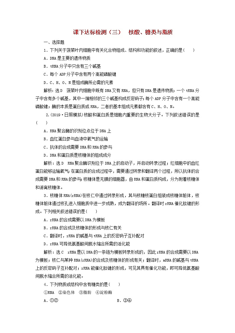 新课改专用2020版高考生物一轮复习课下达标检测03《核酸糖类与脂质》(含解析)01