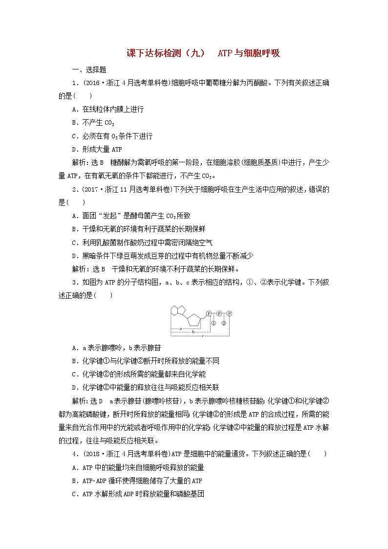 新课改专用2020版高考生物一轮复习课下达标检测09《ATP与细胞呼吸》(含解析)01