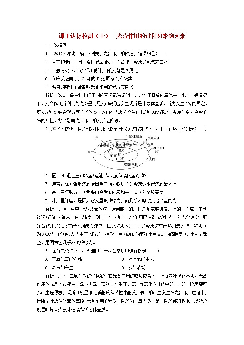 新课改专用2020版高考生物一轮复习课下达标检测10《光合作用的过程和影响因素》(含解析)01