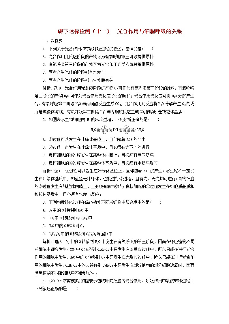 新课改专用2020版高考生物一轮复习课下达标检测11《光合作用与细胞呼吸的关系》(含解析)01