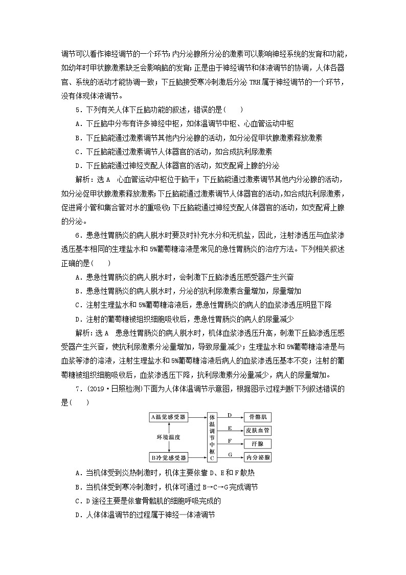 新课改专用2020版高考生物一轮复习课下达标检测28《神经调节与体液调节的关系》(含解析)02