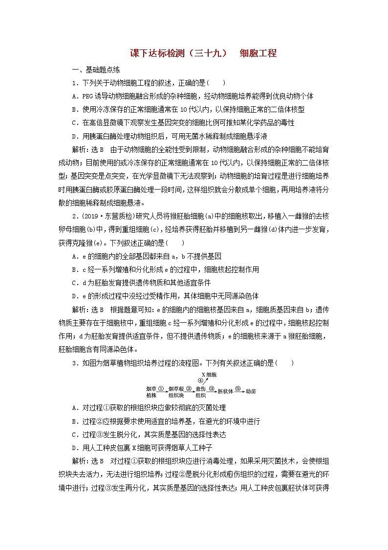 新课改专用2020版高考生物一轮复习课下达标检测39《细胞工程》(含解析)01