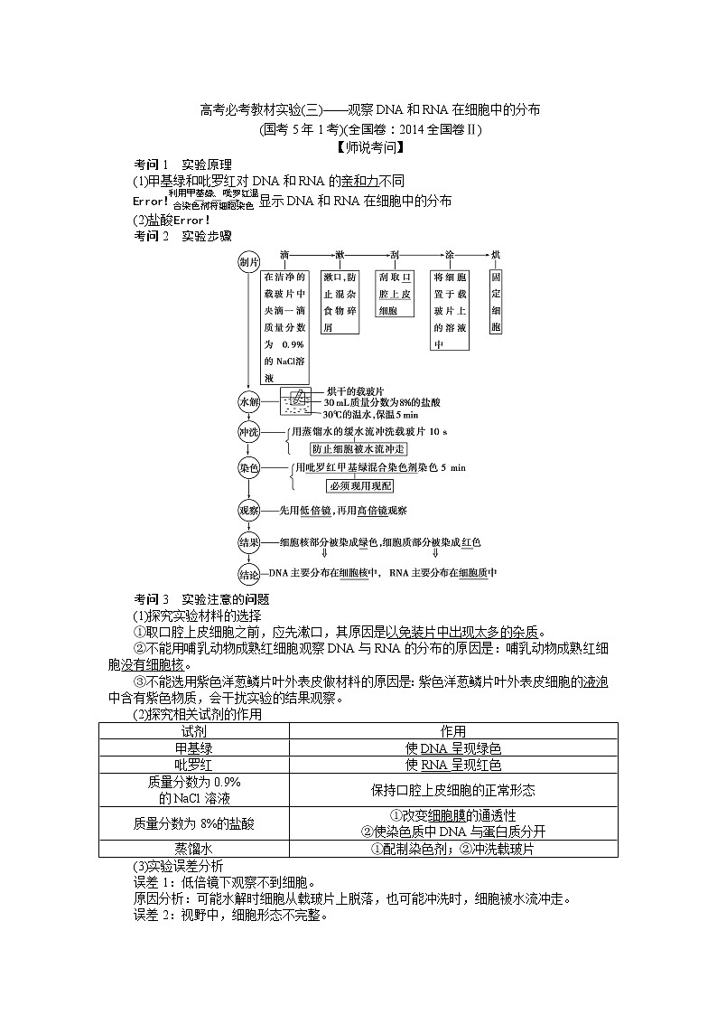 2020版《全程复习方略》高考生物一轮复习高考必考教材实验（三）——观察DNA和RNA在细胞中的分布 学案01