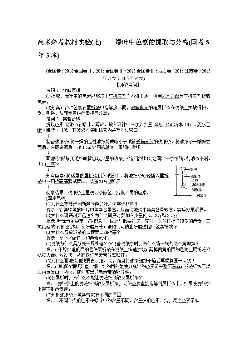 2020版《全程复习方略》高考生物一轮复习高考必考教材实验（七）——绿叶中色素的提取与分离 学案01