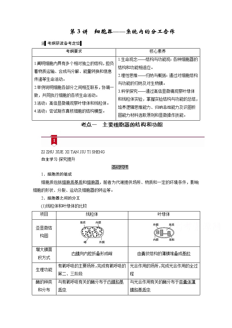 2021新高考生物人教版一轮学案：必修部分模块1第2单元第3讲　细胞器——系统内的分工合作第1页
