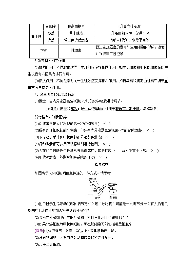 2021新高考生物人教版一轮学案：选择性必修部分模块1第1单元第3讲　通过激素的调节　神经调节与体液调节的关系02