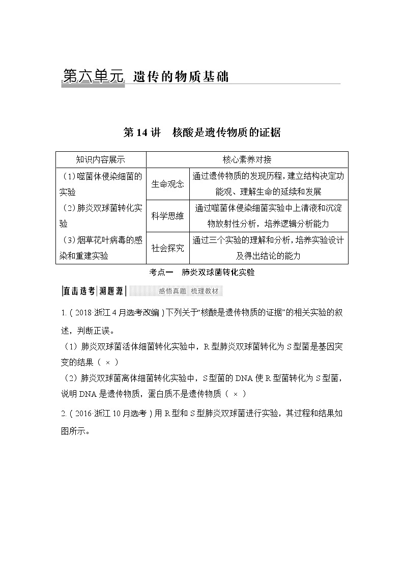 2020版生物浙江高考选考一轮复习讲义：第14讲核酸是遗传物质的证据第1页