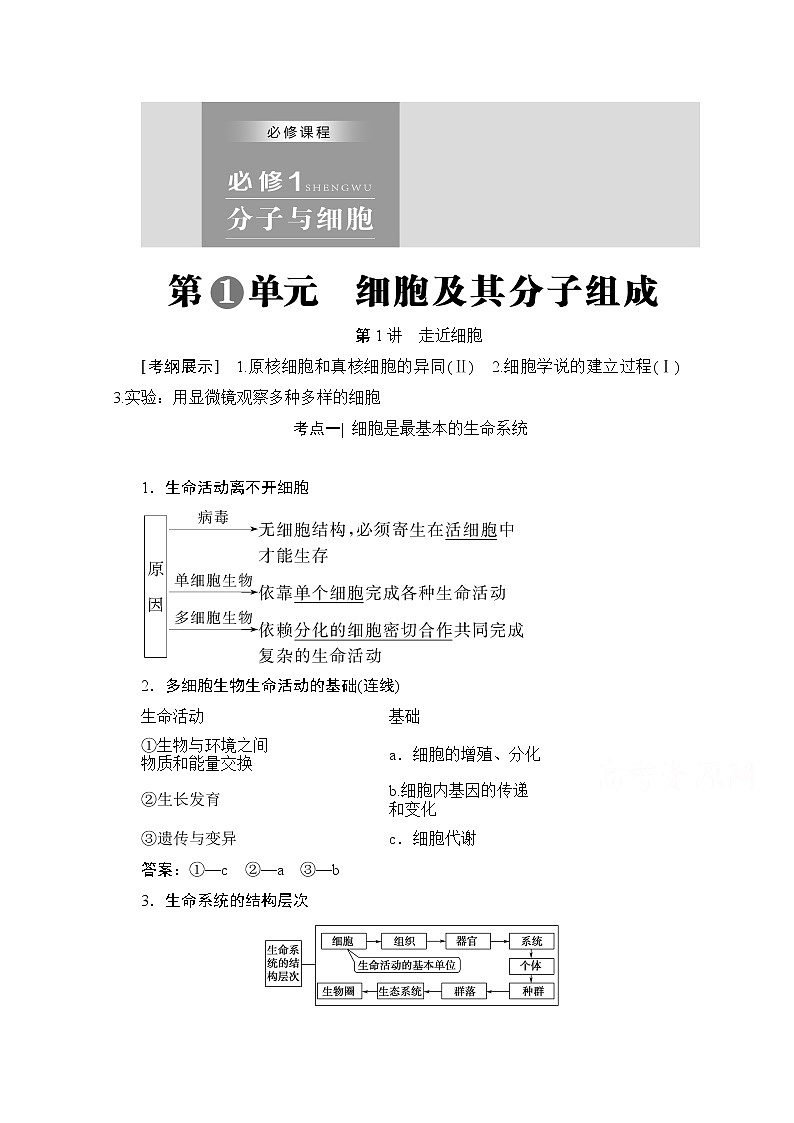 2020版新一线高考生物（人教版）一轮复习教学案：第1单元第1讲走近细胞01