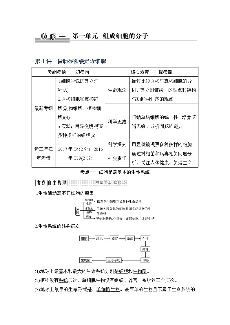 2020版高考生物新设计大一轮江苏专用版讲义：第一单元组成细胞的分子第1讲第1页