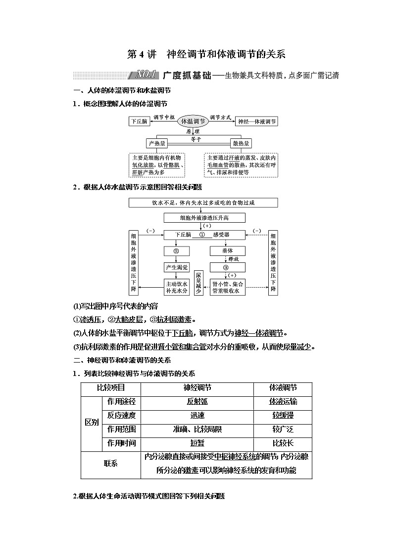 2020版高考新创新一轮复习生物新课改省份专用学案：选修模块I-1第一单元第4讲神经调节和体液调节的关系01