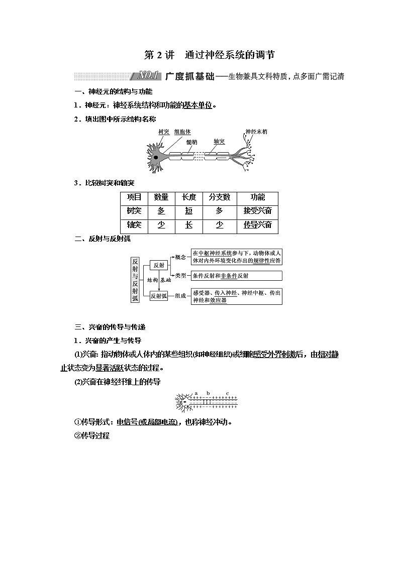 2020版高考新创新一轮复习生物新课改省份专用学案：选修模块I-1第一单元第2讲通过神经系统的调节01