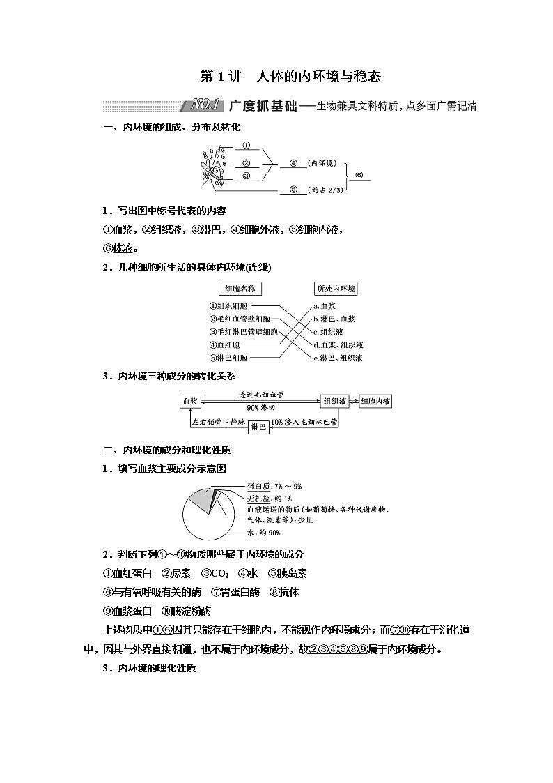 2020版高考新创新一轮复习生物新课改省份专用学案：选修模块I-1第一单元第1讲人体的内环境与稳态01