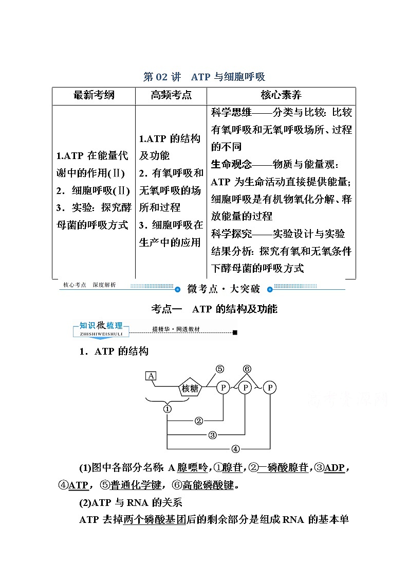 2020版《赢在微点》高考生物人教版一轮复习讲义：第三单元第02讲ATP与细胞呼吸第1页