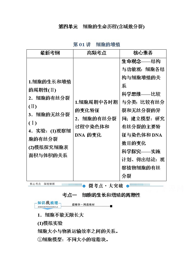 2020版《赢在微点》高考生物人教版一轮复习讲义：第四单元第01讲　细胞的增殖第1页