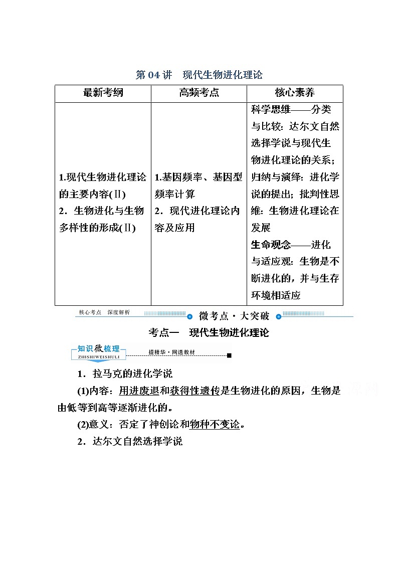 2020版《赢在微点》高考生物人教版一轮复习讲义：第七单元第04讲现代生物进化理论01