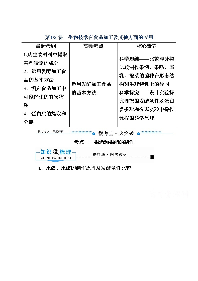 2020版《赢在微点》高考生物人教版一轮复习讲义：第十单元第03讲生物技术在食品加工及其他方面的应用第1页