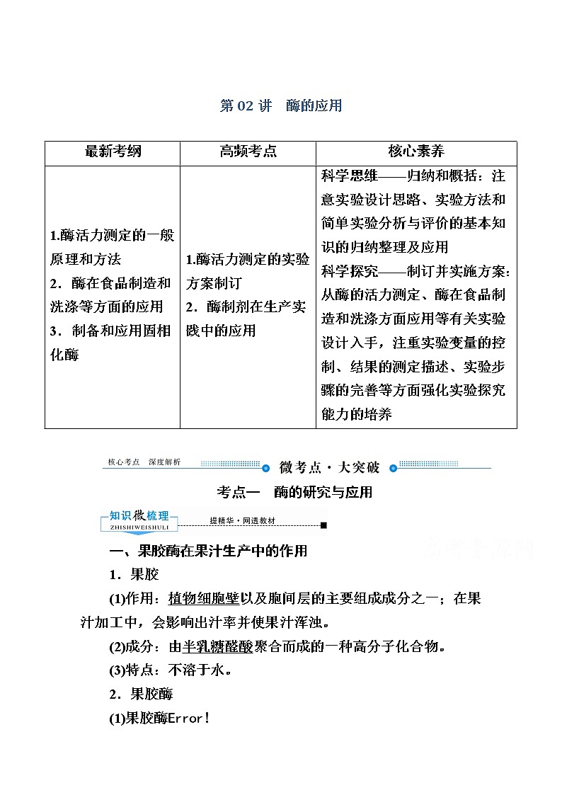 2020版《赢在微点》高考生物人教版一轮复习讲义：第十单元第02讲酶的应用01