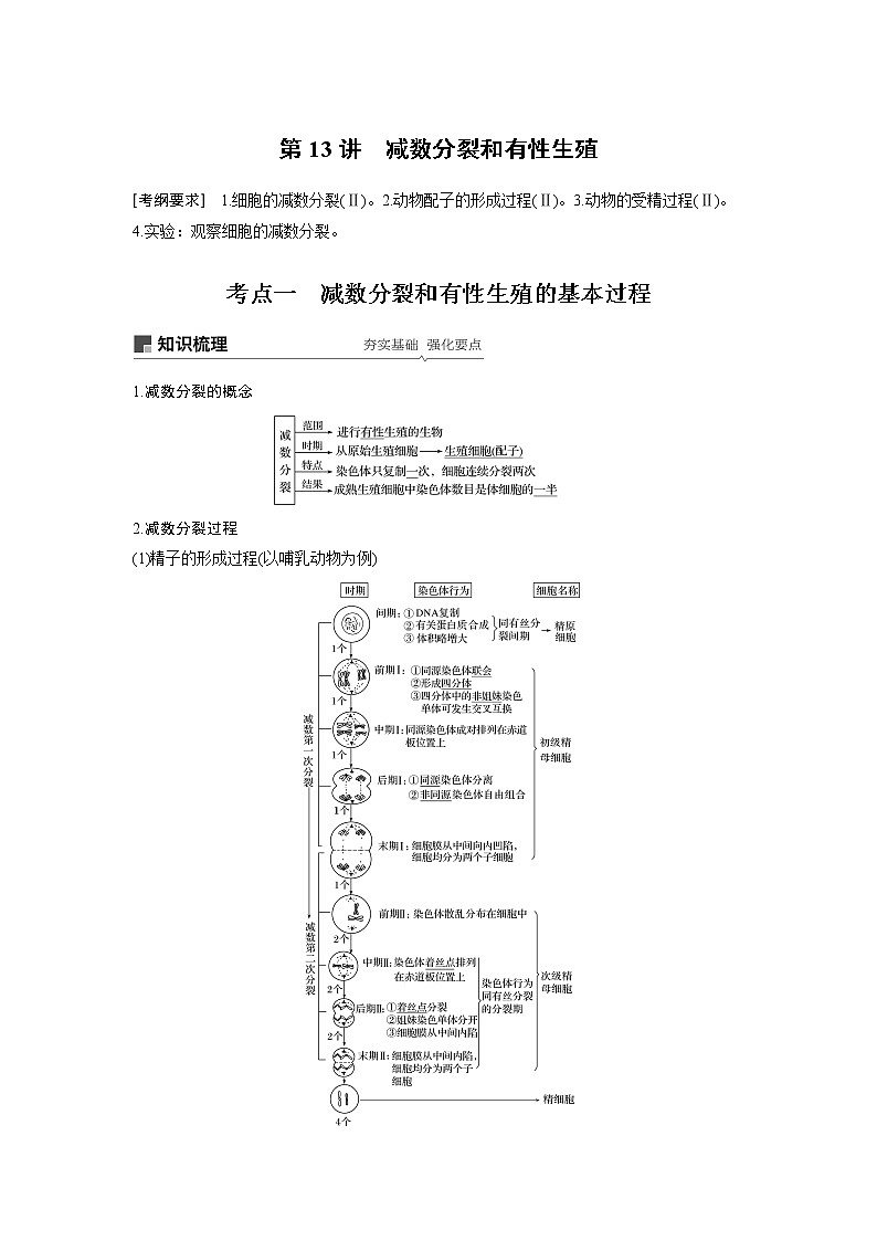 2020版高考生物苏教版一轮复习讲义：第四单元第13讲减数分裂和有性生殖第1页