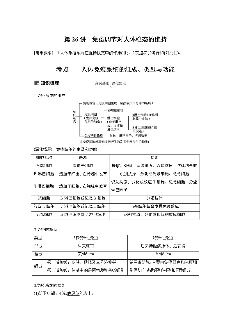 2020版高考生物苏教版一轮复习讲义：第八单元第26讲免疫调节对人体稳态的维持第1页