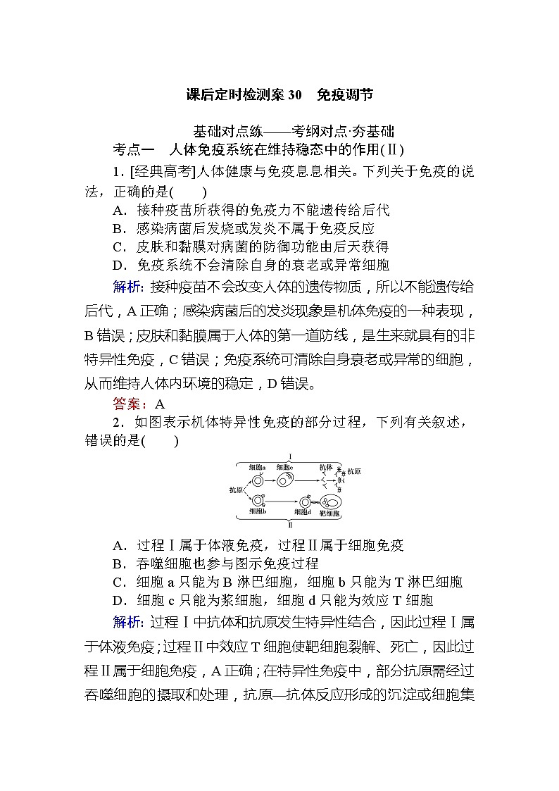2020版《全程复习方略》高考生物一轮复习课后定时检测案30免疫调节01