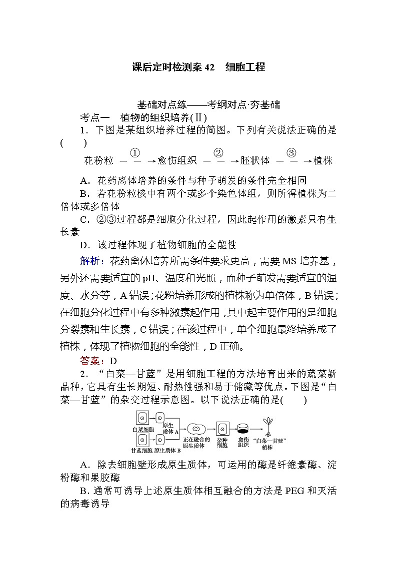 2020版《全程复习方略》高考生物一轮复习课后定时检测案42细胞工程01
