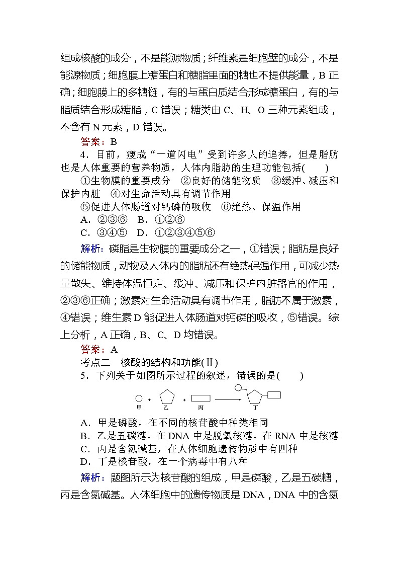 2020版《全程复习方略》高考生物一轮复习课后定时检测案4遗传信息的携带者——核酸细胞中的糖类和脂质02