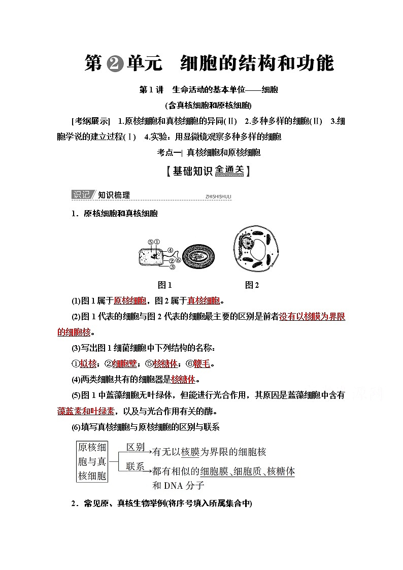 2020版新一线高考生物（苏教版）一轮复习教学案：必修1第2单元第1讲　生命活动的基本单位——细胞01