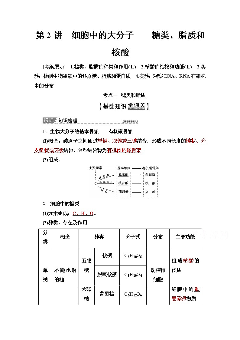 2020版新一线高考生物（苏教版）一轮复习教学案：必修1第1单元第2讲　细胞中的大分子——糖类、脂质和核酸01