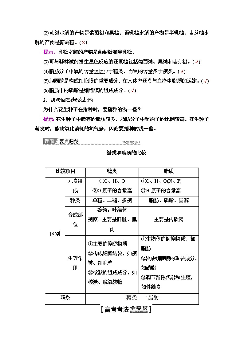 2020版新一线高考生物（苏教版）一轮复习教学案：必修1第1单元第2讲　细胞中的大分子——糖类、脂质和核酸03
