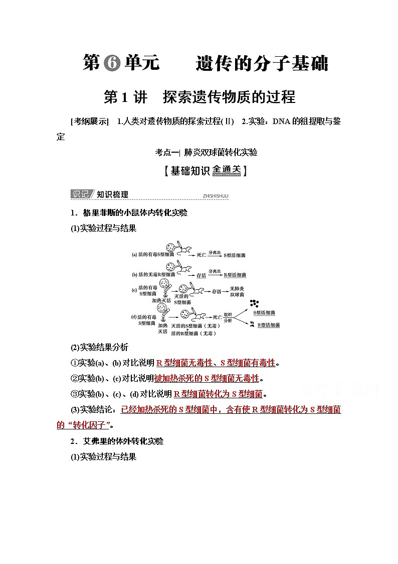 2020版新一线高考生物（苏教版）一轮复习教学案：必修2第6单元第1讲　探索遗传物质的过程01