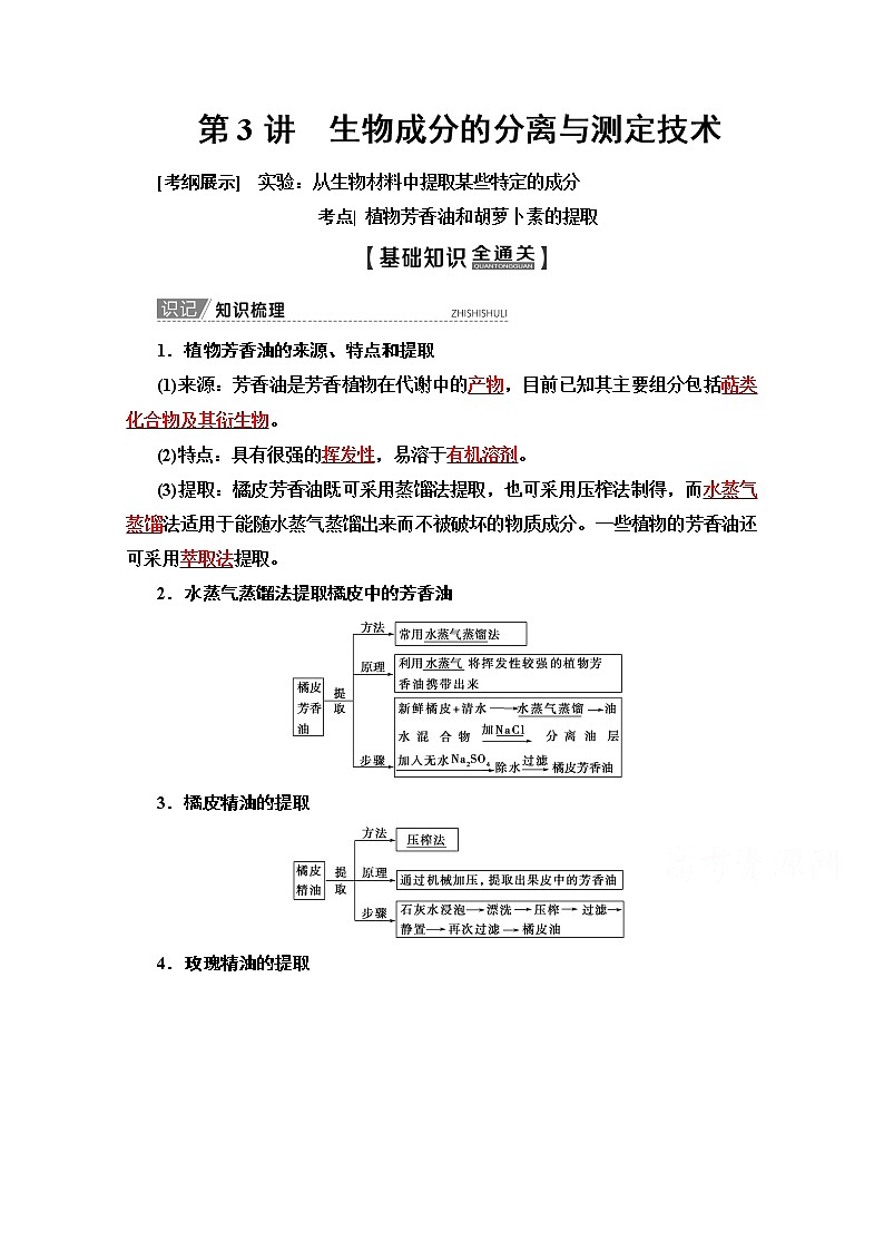 2020版新一线高考生物（苏教版）一轮复习教学案：选修1第3讲　生物成分的分离与测定技术01