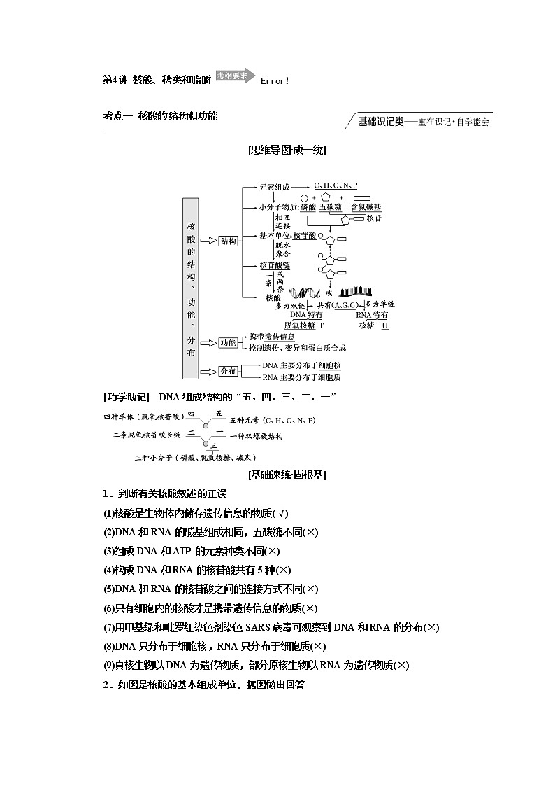 2020版一轮复习生物江苏专版必修1学案：第一单元第4讲　核酸、糖类和脂质01
