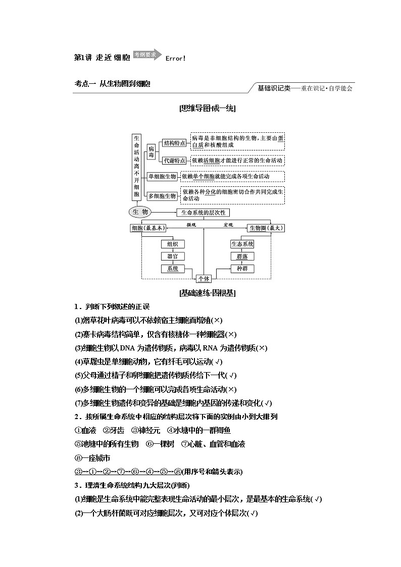 2020版一轮复习生物江苏专版必修1学案：第一单元第1讲　走近细胞第1页