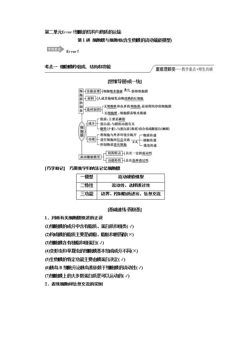 2020版一轮复习生物江苏专版必修1学案：第二单元第1讲细胞膜与细胞核（含生物膜的流动镶嵌模型）01