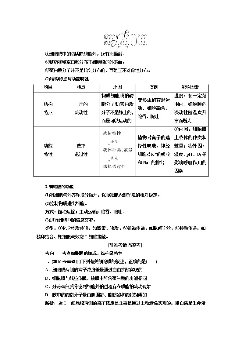 2020版一轮复习生物江苏专版必修1学案：第二单元第1讲细胞膜与细胞核（含生物膜的流动镶嵌模型）03